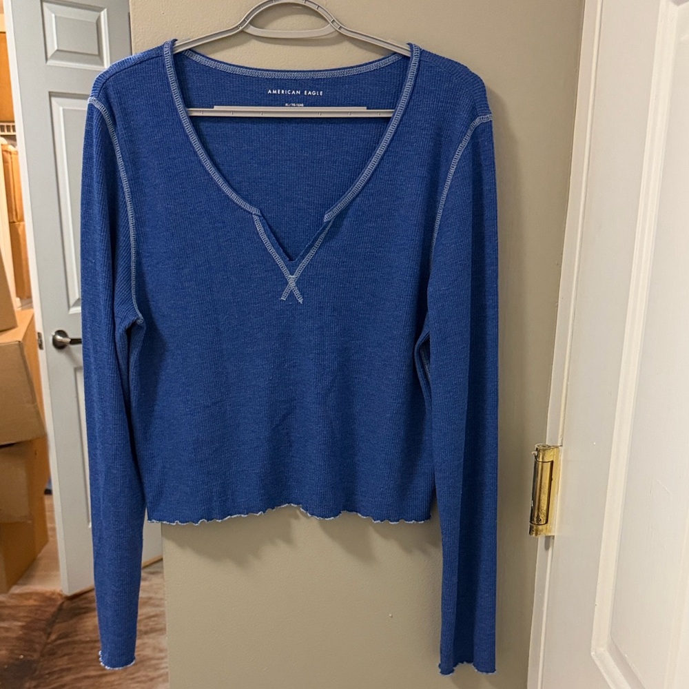 American Eagle Soft & Sexy ribbed long-sleeve v-neck top in blue XL